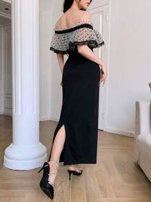 Feyla Abito donna di media lunghezza con scollo spalle scoperte, arricciatura e inserti in rete a pois