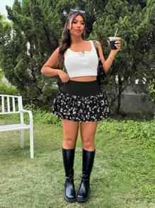 SHEIN EZwear Falda línea A con estampado floral salpicado de tallas grandes, informal para primavera/verano - Negro - Ver 3