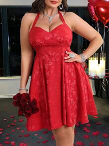Flirla Vestido rojo de talla grande para mujer con escote halter, espalda abierta y estampado de flores en jacquard para el Día de San Valentín