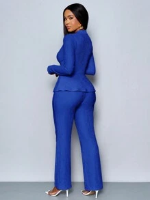 SOLERSUN Women's Apricot Color Elegant V Neck Long Sleeve T-Shirt And Wide Leg Pants Two Piece Set,Asymmetrical Hem Two-Piece Outfits,Casual Daily Wear,Winter Clothes For Women Fall Cloth For Women - Royal Blue - View 2