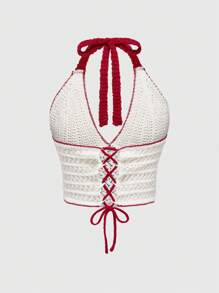 ROMWE Kawaii Vacation Sweetheart 3D Crochet Cute Cherry Shaping Halter Neck Knit Sweater For Women - White - View 2
