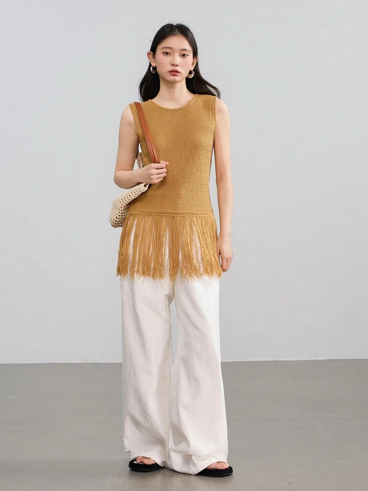 Women's Business Casual Resort Beach Simple Solid Color Fringe Knit Top Old Money Style