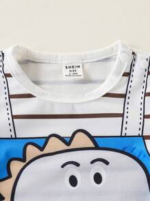 SHEIN Newborn Baby Boy Black & White Striped Fake Suspender Decor Cute Dinosaur Print Button Shoulder Short Sleeve Romper Set, Summer - Multicolor - View 5