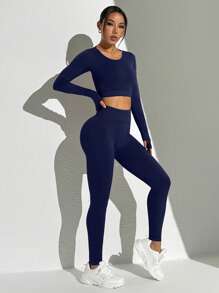 Easithlete Conjunto deportivo sin costuras de unicolor con espalda descubierta, manga larga y pantalones para mujer - Azul Marino - Ver 7