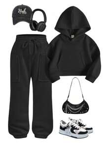 SHEIN 2pcs/Set Young Girl Autumn/Winter Outfit, Pullover Hoodie Sweatshirt With Pocket + Long Pocket Pants, Casual Loose Comfortable Outfit, Elegant & Cool Campus Street Style, Pink Orange Matching Set, Mother-Daughter Coordinated