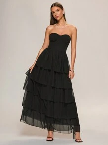 Glamine Vestido maxi elegante de gala de gasa con volante y volantes, vestido negro, bono de pastel