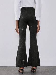 Chiquease Pantalones de pierna ancha con talle alto, elásticos, decorados con rhinestones, ligeros y delgados, de corte campana para verano