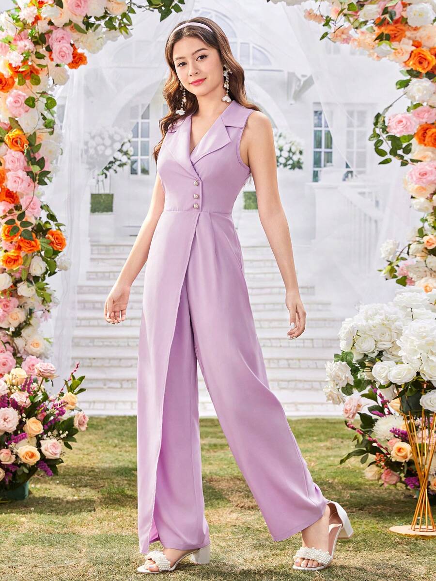 Mono informal y elegante sin mangas con solapa y decoración de botones para adolescentes chicas - Morado - Ver 1