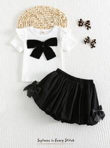 Cozy Pixies 2pcs Baby Girl Black And White Summer Cute Birthday Outfit,Retro Elegant Big Bow Round Neck Cap Sleeve Top And Elastic Waist Decor Shorts Set - Multicolor - View 4
