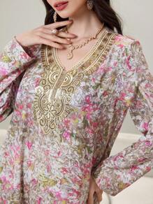 Al Najma 女士 V 领套头衫扎染花卉图案亮片刺绣衣领褶皱拼接浪漫优雅土耳其长裙和阿拉伯传统长袍、卡夫坦和贾拉比亚，端庄 - 彩色 - 查看 5