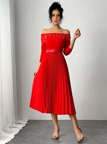 Chiquease 红色露肩泡泡袖珠饰腰部褶皱连衣裙 - 紅色 - 查看 6