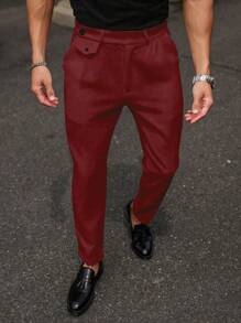 Manfinity Mode Pantalones casuales rectos de hombre con bolsillo y decorados con botones de un solo color - Burdeos - Ver 7