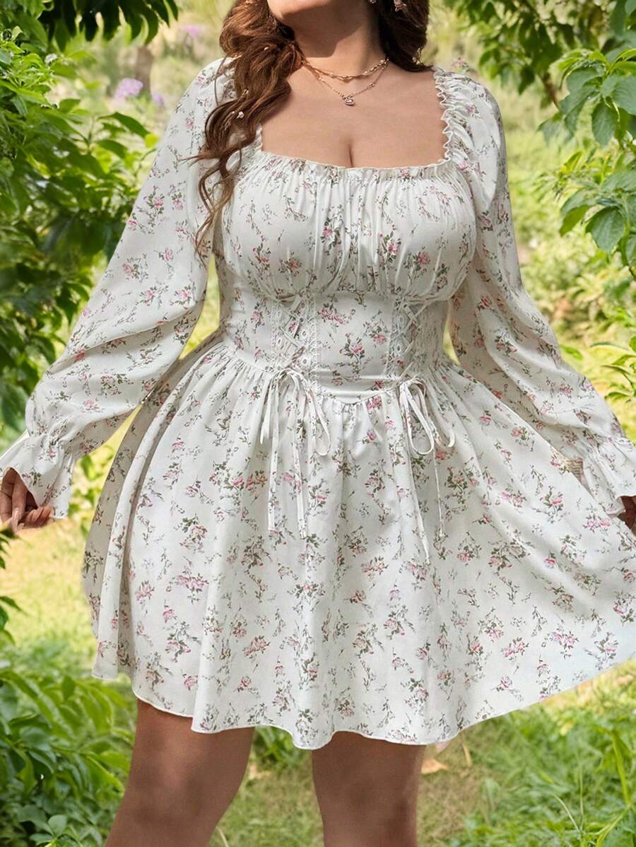 Lyrianda Plus Size Women Square Neck & Ruffle Trim Long Sleeve Ditsy Floral Patchwork Mini A-Line Dress, Elegant & Cute Resort Dress - Multicolor - View 1