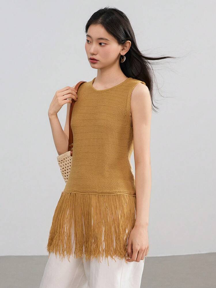Women's Business Casual Resort Beach Simple Solid Color Fringe Knit Top Old Money Style