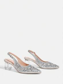 CUCCOO TILAWA Women's Crystal Heel, Rhinestone Studded Mesh Shoes, Suitable For Outing, Banquet, Party Prom Heels For Christmas Valentine's Day - Silver - View 4