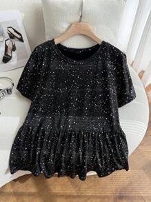 CovetEZ Plus Size Women's Round Neck Patchwork A-Line Solid Color Doll Dress T-Shirt - Black - View 1