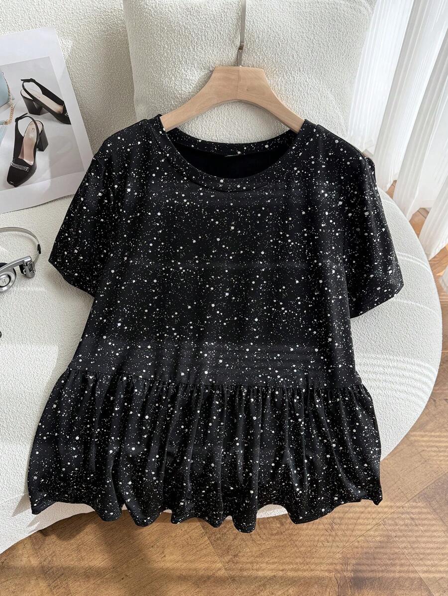 CovetEZ Plus Size Women's Round Neck Patchwork A-Line Solid Color Doll Dress T-Shirt - Black - View 1