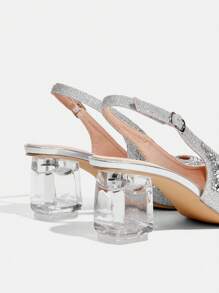 CUCCOO TILAWA Women's Crystal Heel, Rhinestone Studded Mesh Shoes, Suitable For Outing, Banquet, Party Prom Heels For Christmas Valentine's Day - Silver - View 5