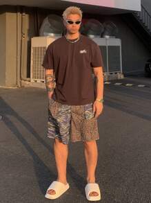 DAZY Summer Men's Letter Printed T-Shirt & Leopard Print Shorts Set, Vacation Style - Brown - View 3