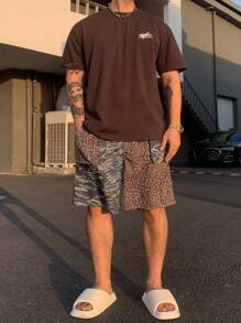 DAZY Summer Men's Letter Printed T-Shirt & Leopard Print Shorts Set, Vacation Style - Brown - View 5