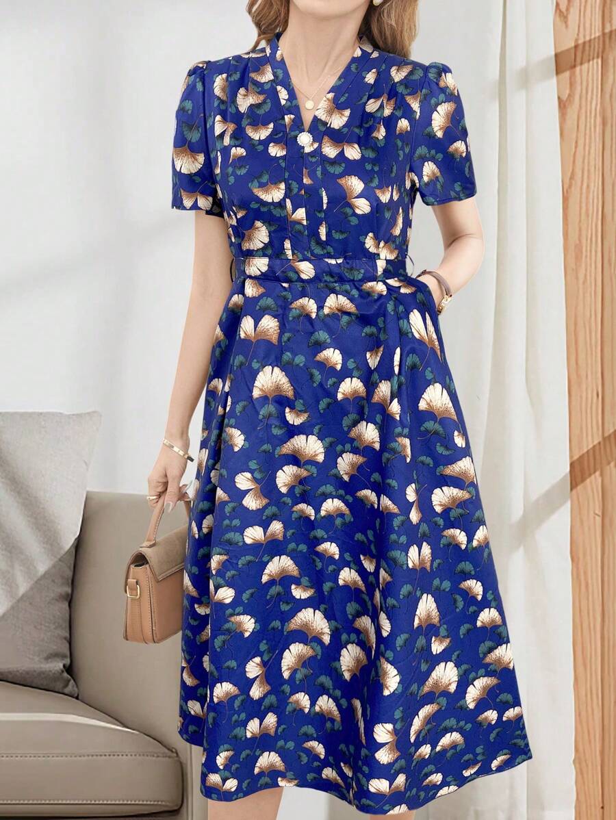 EMERY ROSE Elegant Casual V-Neck Tied Short Sleeve Mid-Length Dress For Women
