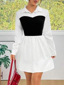 SHEIN EZwear New Black & White Contrast Splice Short Sleeve Shirt Dress, Spring/Summer - Black and White - View 3