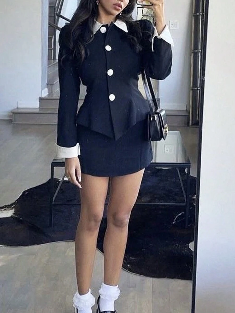 SHEIN Essnce 春秋两件套女黑白拼色设计高知风通勤混纺粗花呢夹克纯色包臀修身通勤优雅裙子女两件套 - 黑色 - 查看 1
