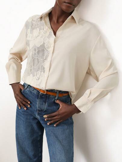 SHEIN Privé 女士 3D 花卉蕾丝拼接设计优雅衬衫