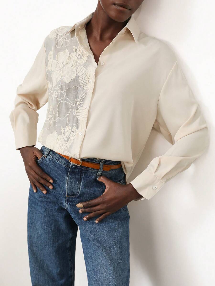 SHEIN Privé 女士 3D 花卉蕾丝拼接设计优雅衬衫 - 杏色 - 查看 1