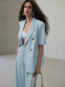 MOTF PREMIUM 条纹双排扣短袖西装外套、系腰带西装外套、工作服、春夏