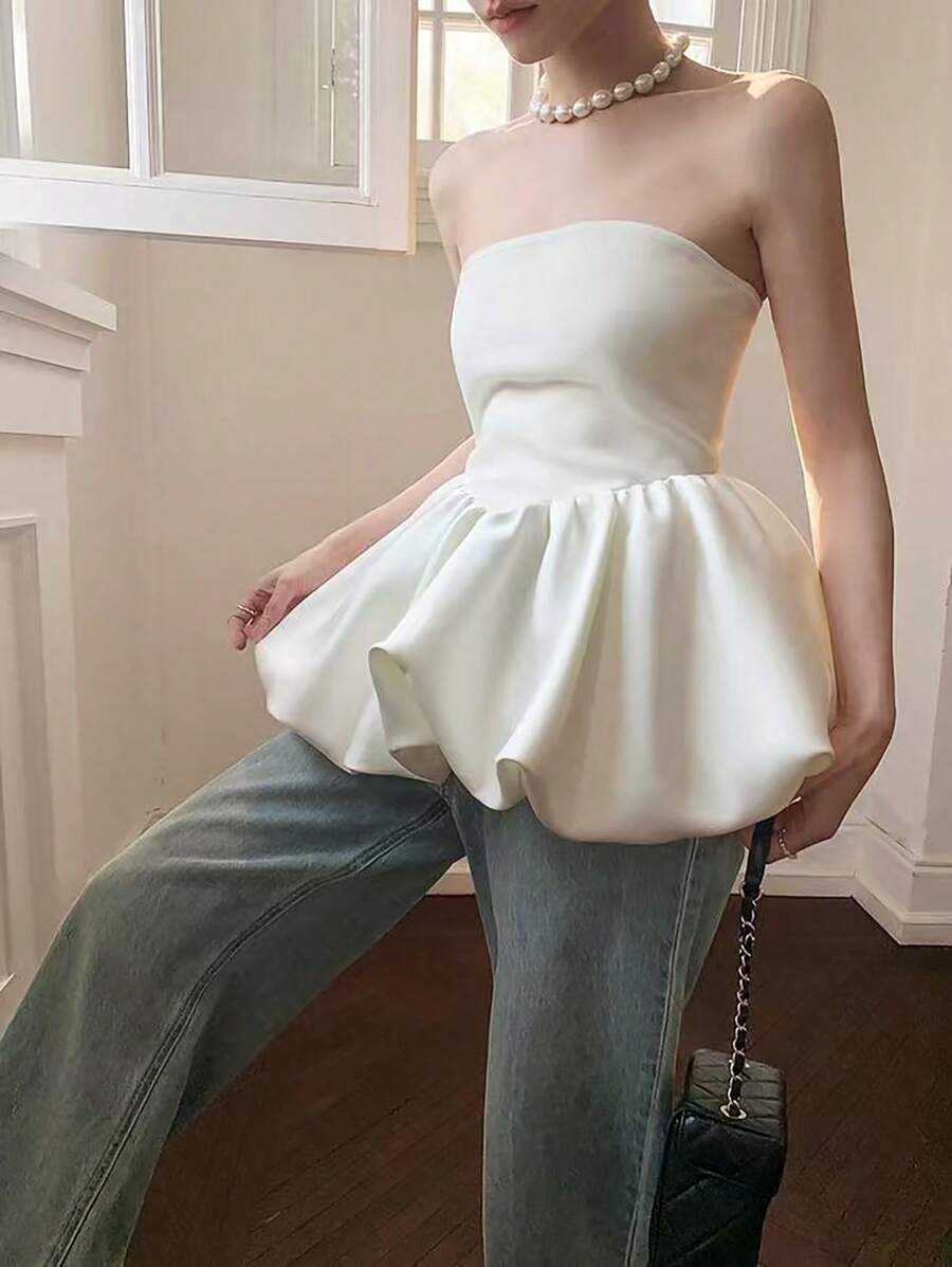 女士纯色褶皱吊带背心，休闲日常穿着 - 白色 - 查看 1