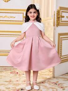 SHEIN Đầm dệt kim dáng chữ A cổ đứng phối màu tương phản cho bé gái, thích hợp cho kỳ nghỉ gia đình, dễ thương, thanh lịch và thời trang, dự tiệc, sinh nhật, công chúa xinh đẹp, mẹ và con gái, chị em gái mặc đồ đôi. Mùa xuân hè. - Hồng - Xem 9
