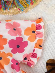 2 件套年轻女孩休闲露肩短袖印花上衣 + 牛仔效果短裤套装，春季服装，春夏