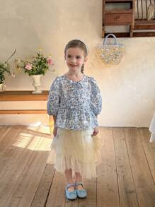 LMoss Kids LMoss  Young Girls' Ditsy Floral Round Neck Puff Sleeve Fitted Casual Blouse,Suitable For Spring And Summer - Multicolor - View 5