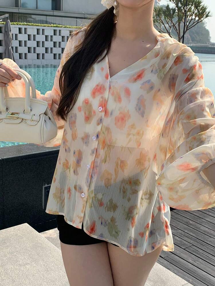 Women's Floral Print Loose V-Neck Chiffon Elegant Vacation Blouse For Summer Long Sleeve Top Boho