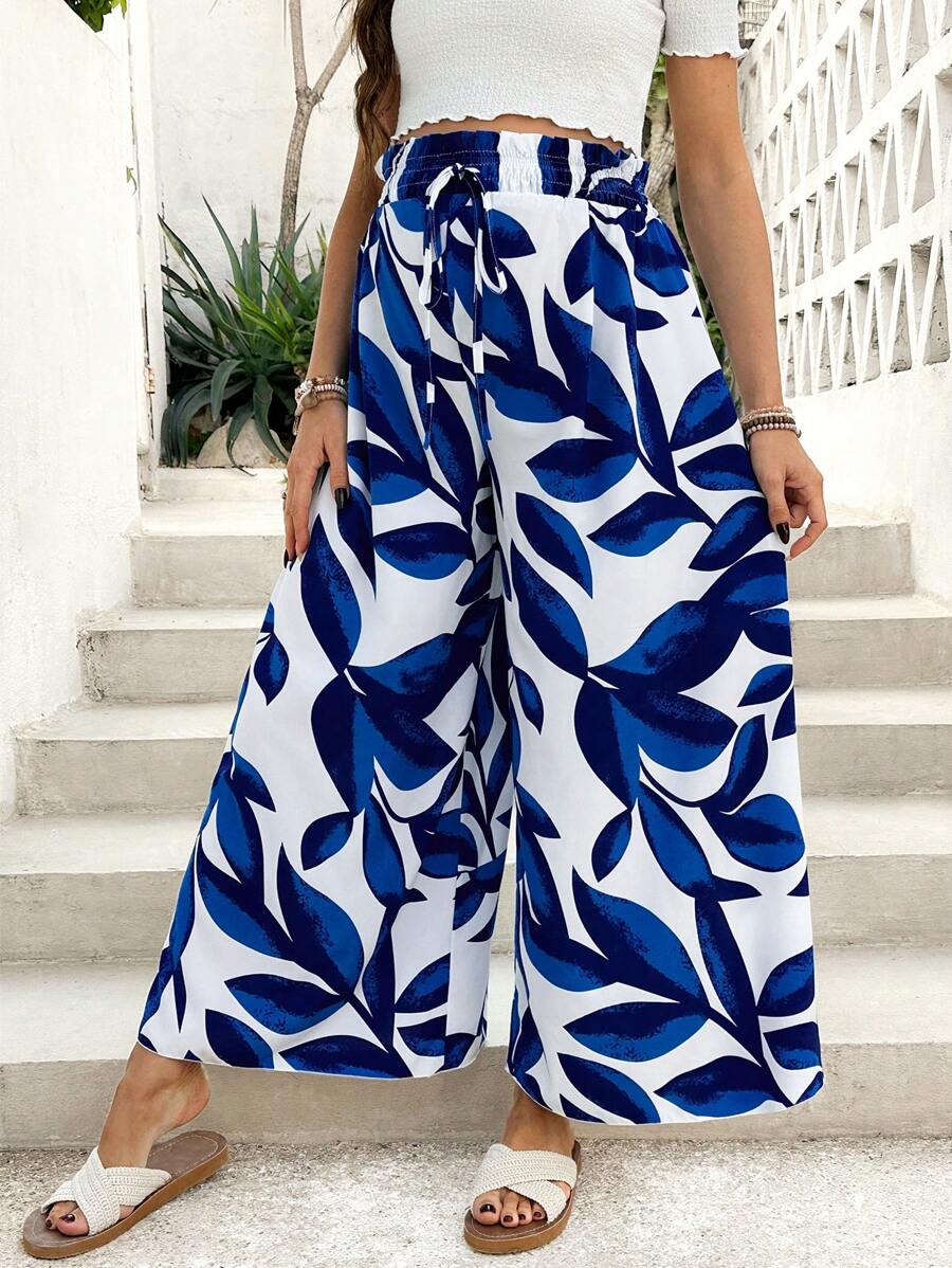 SHEIN Maternity Vacation Casual Floral Print Wide Leg Pants - Blue and White - View 1
