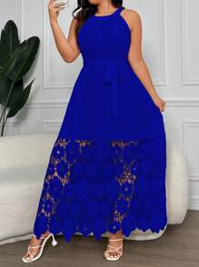 SHEIN Clasi 大码女式纯色花朵镂空优雅吊带裙