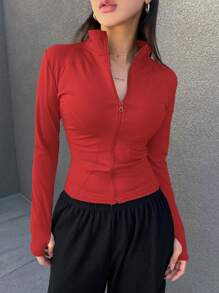 DAZY Women Fashionable And Simple Stand Collar Waist-Cinched Slim Fit Jacket - Red - View 1