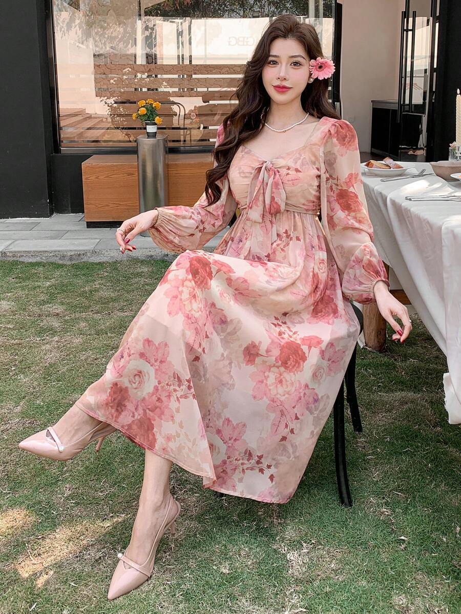 DAZY 女士全印花泡泡袖系带中长连衣裙，秋季长袖连衣裙，度假装扮 - 粉色 - 查看 1