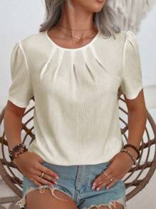 SHEIN LUNE 女士纯色短袖衬衫，简约时尚休闲日常穿着 - 杏色 - 查看 5