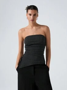 SHEIN EZwear 女士黑色编织条纹不对称下摆短款吊带上衣 - 黑色 - 查看 4