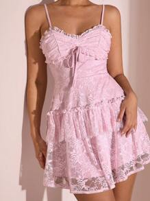 SHEIN BAE Spring & Summer Solid Light Pink Lace Trim Camisole, Fitted Camisole For Valentine's Day Dress, Date Dress, Pink Dress, Lace Dress, Bridesmaid Mini Dress, Birthday Dress, Back To School Dress