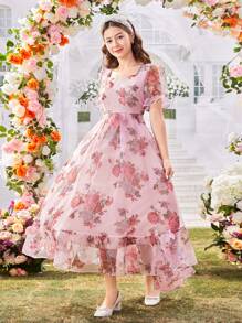 SHEIN Vestido con volumen de gasa con estampado floral para adolescentes, ideal para el Día de San Valentín - Multicolor - Ver 4