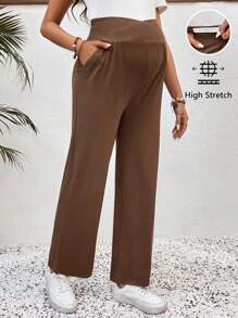 SHEIN 孕妇休闲纯色重叠腰裤 - 棕色 - 查看 3