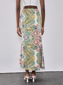 Chiquease 波西米亚风松紧腰带佩斯利印花时尚百搭美人鱼下摆裙子
