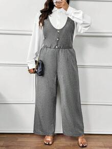 SHEIN Frenchy Plus Size Women Retro Casual Simple Front Button Jumpsuit - Grey - View 3