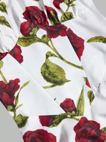 Teen Girls Red Rose Floral Bubble Sleeve Waist Fit Short Dress, Suitable For Spring/Summer, Holiday