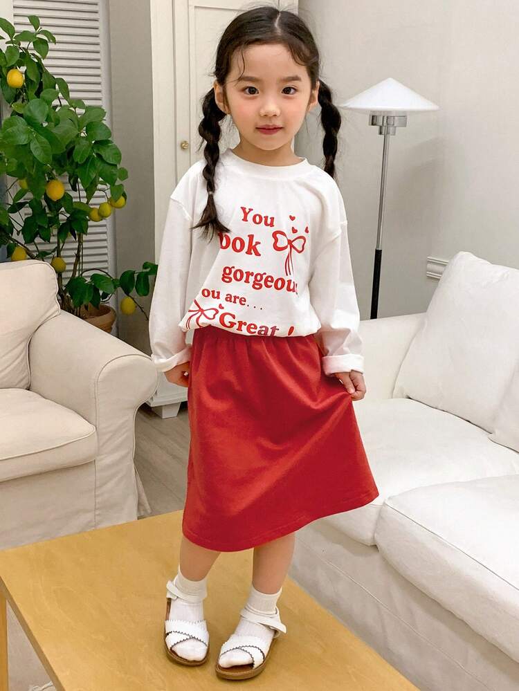 2pcs Young Girl Knitted Round Neck Long Sleeve Printed Top And A-Line Skirt Set, Spring/Summer