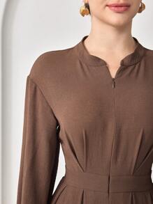 Veilorie 朴素休闲纯色褶皱连衣裙 - 棕色 - 查看 5