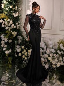 Glamrae 优雅黑色亮片刺绣手工钻立领长袖透视腰部珠链流苏装饰褶皱鱼尾拖尾婚礼宾客礼服，适合情人节宴会晚礼服、正式礼服、晚礼服、长袍 - 黑色 - 查看 6